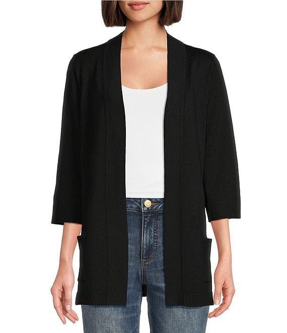 Leo & Nicole Ribbed Knit 3/4 Sleeve Open-Front Cardigan Product Image