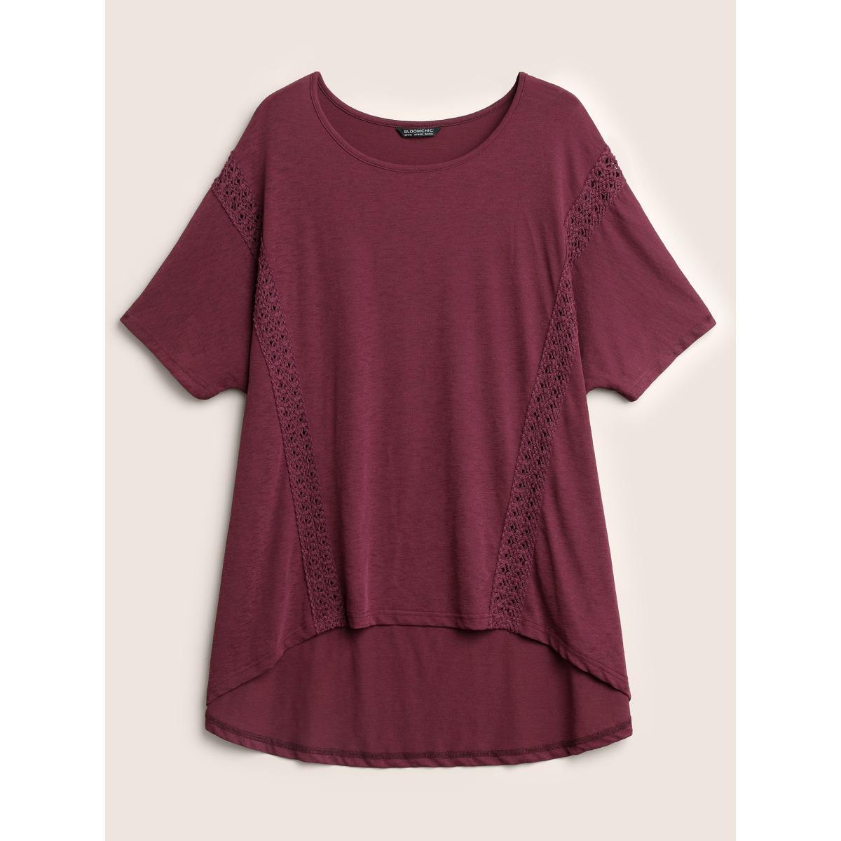 Plus Size Solid Lace Panel Curved Hem T-shirt Burgundy Women Resort Non Plain Round Neck Vacation T-shirts BloomChic 26/4X Product Image