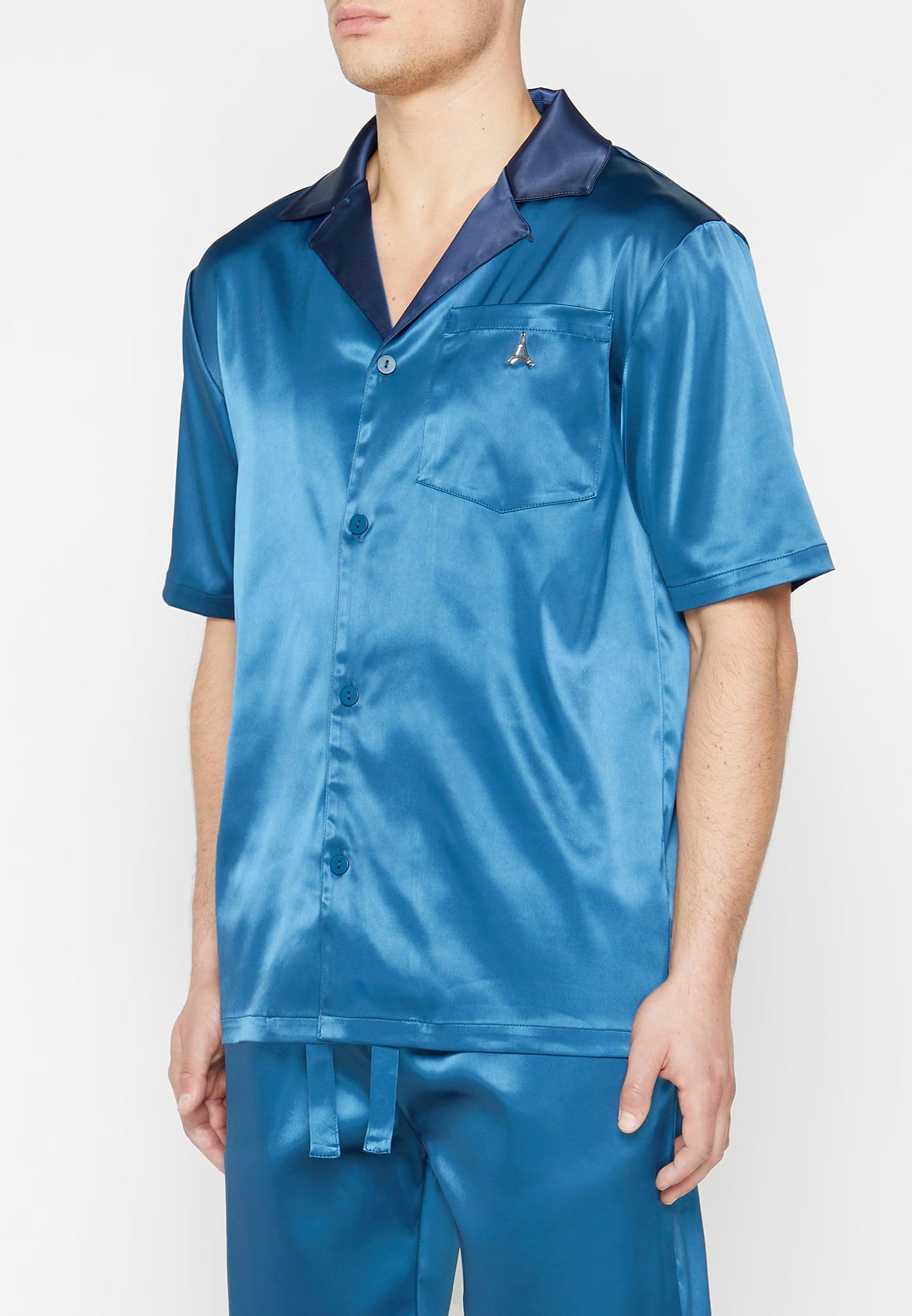 Satin Contrast Collar Shirt - Navy Male Product Image