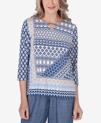 Alfred Dunner Womens Bayou Geometric Three Quarter Sleeve Top Product Image