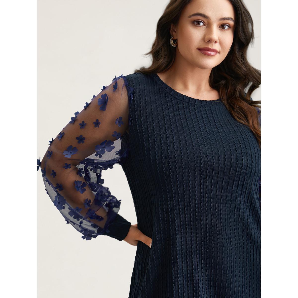 Plus Size Sheer Sleeve Textured Patchwork Round Neck T-Shirt Indigo Women Elegant Texture Round Neck Everyday T-shirts BloomChic 14-16/1X Product Image