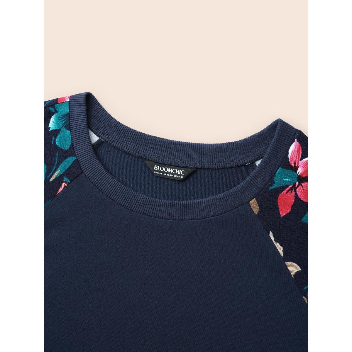 Plus Size Floral Patchwork Raglan Sleeve Sweatshirt Women DarkBlue Elegant Contrast Round Neck Everyday Sweatshirts BloomChic 22-24/3X Product Image