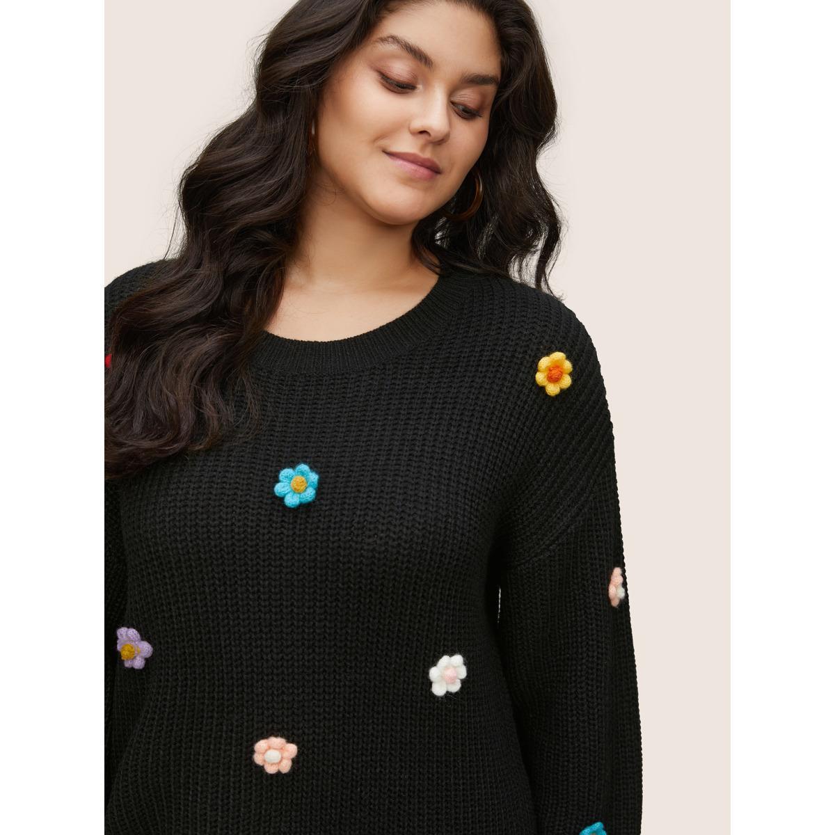 Plus Size Stereo Flower Design Round Neck Pullover Black Women Casual Long Sleeve Round Neck Everyday Pullovers BloomChic 12/L Product Image