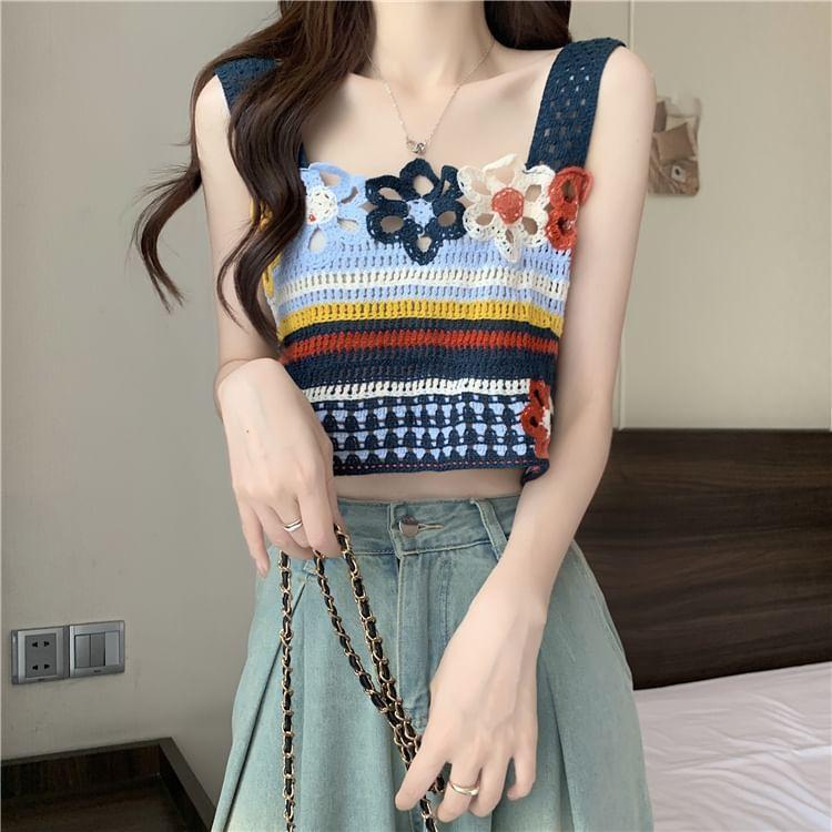 Striped Flower Embroidered Crochet Knit Crop Tank Top Product Image