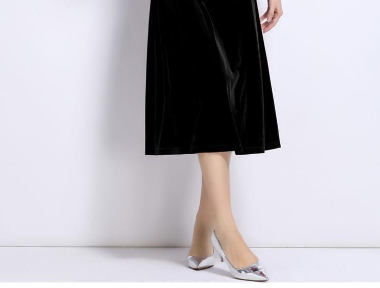 Long Sleeve Mock Neck Plain Beaded Keyhole Velvet Midi A-Line Dress Product Image