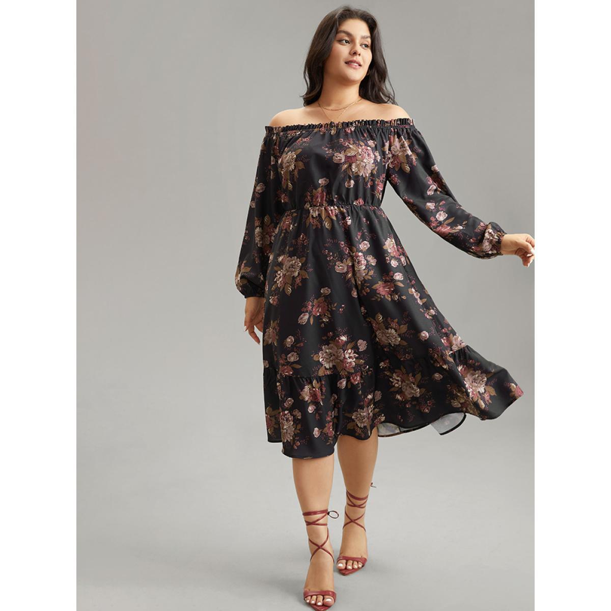 Plus Size Off Shoulder Floral Frill Trim Lantern Sleeve Dress Black Women Elegant Elastic cuffs One-shoulder neck Long Sleeve Curvy Midi Dress BloomChic 22-24/3X Product Image