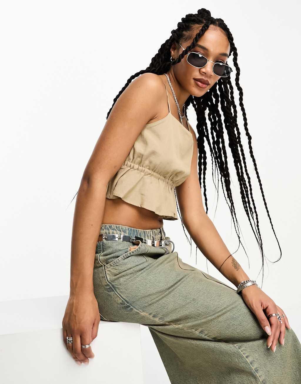 Only linen blend open back crop top Product Image