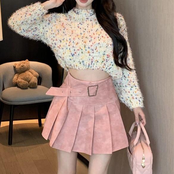Mock Neck Dotted Cropped Sweater / High Rise Washed Pleated Mini A-Line Skirt Product Image