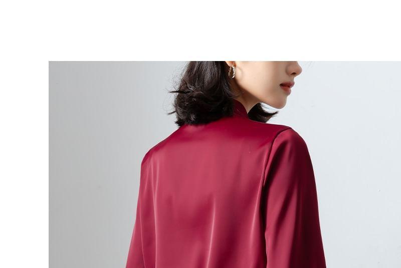 Long-Sleeve Tie-Neck Plain Button-Up Blouse Product Image