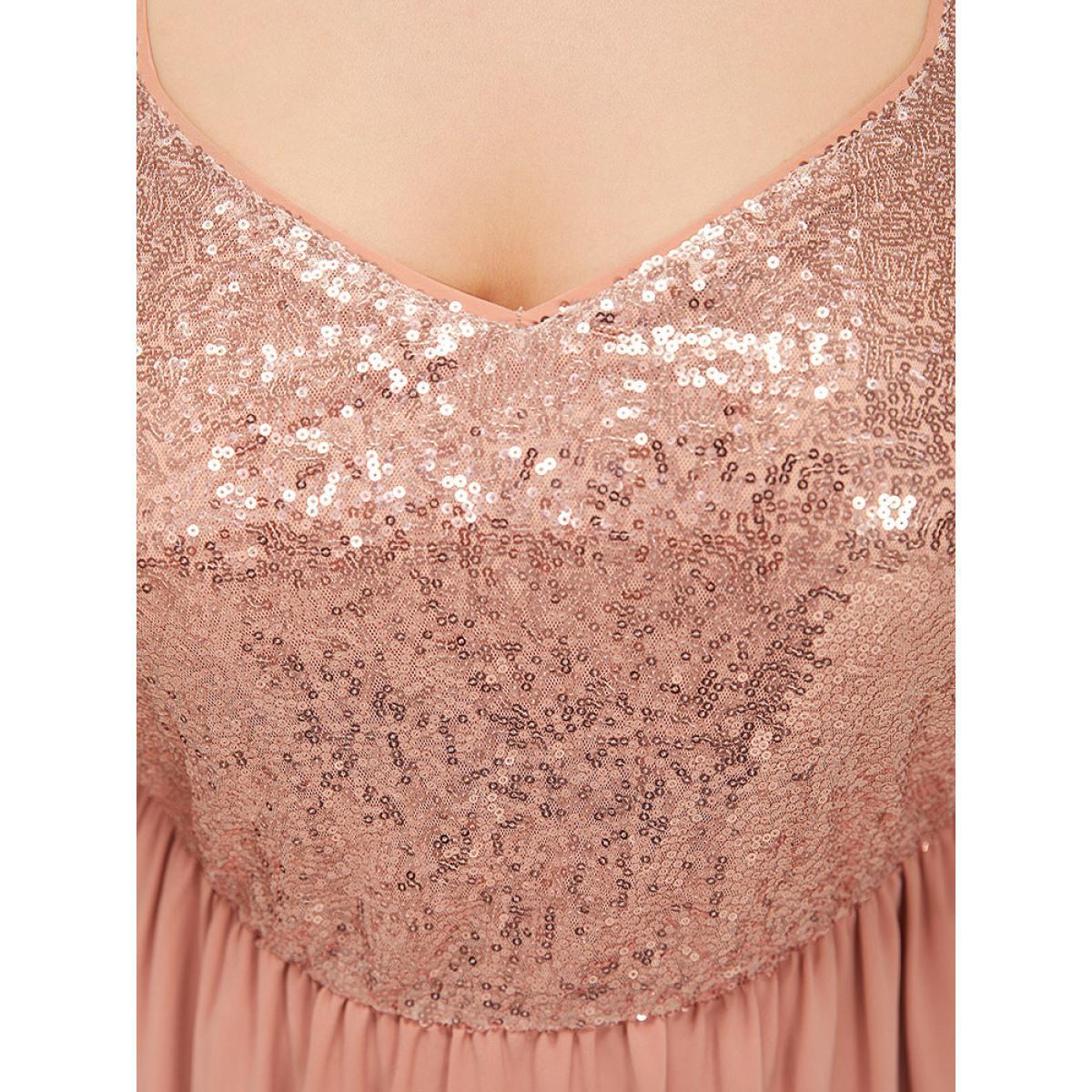 Plus Size Sequin Patchwork Belted Flutter Hem Midi Dress Crepe Women Party Lined V-neck Short sleeve Curvy Midi Dress BloomChic 10/M Product Image