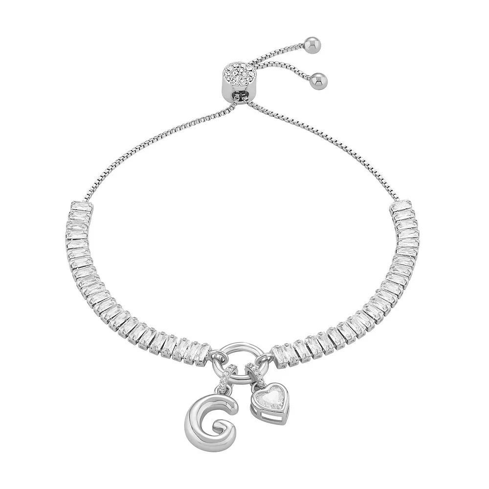 Brilliance Cubic Zirconia Heart & Polished Bubble Initial Charm Adjustable Bracelet, Womens Silver Tone G Product Image