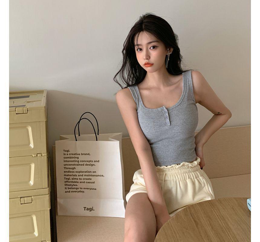 Square Neck Henley Plain Tank Top Product Image
