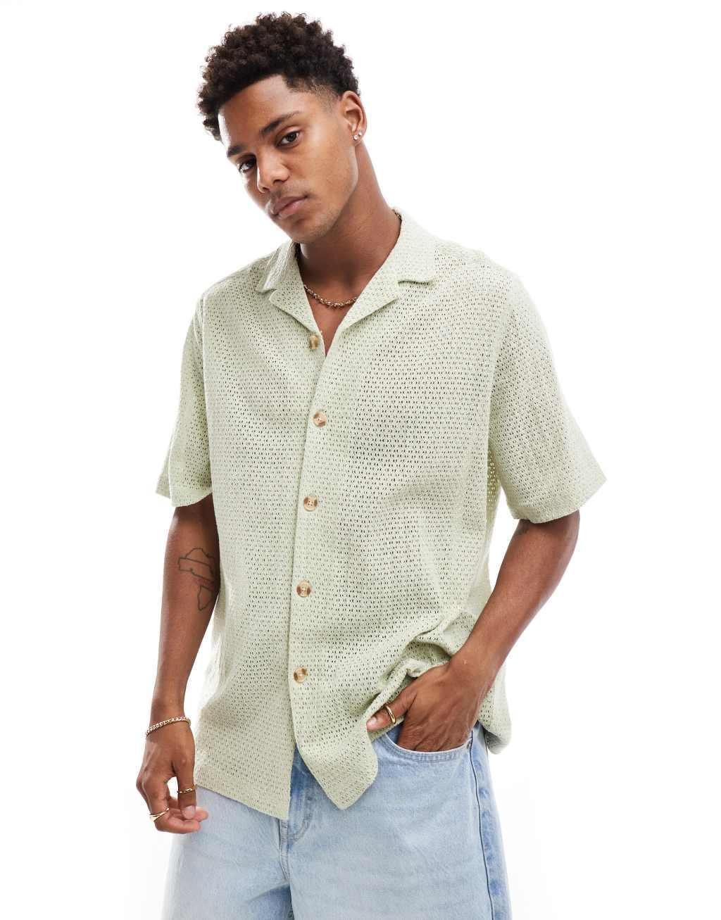 ASOS DESIGN relaxed revere texture shirt in sage green Product Image