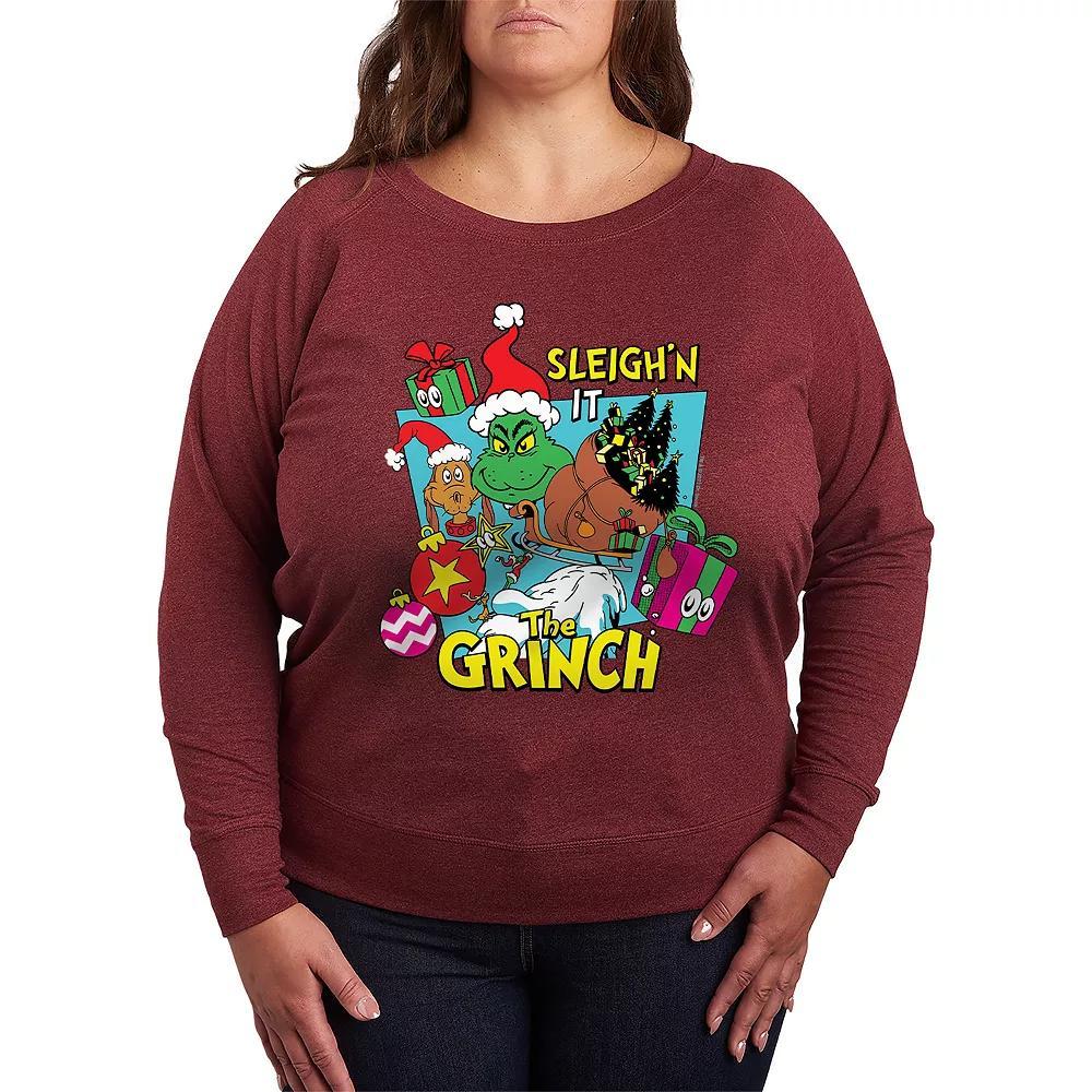 Plus Size Dr. Seuss The Grinch Sleighn It French Terry Long Sleeve Tee, Womens Grey Dark Red Product Image