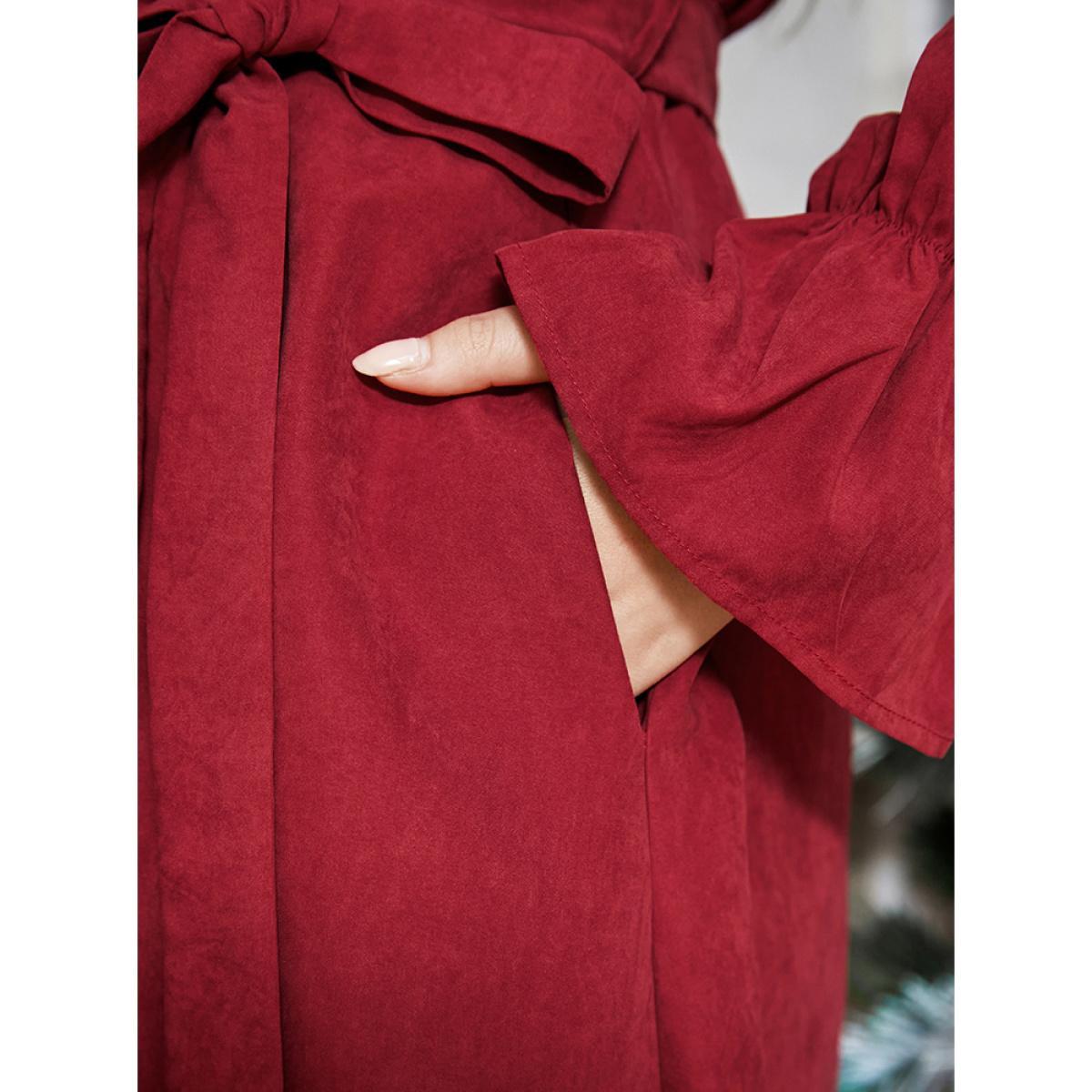 Plus Size Solid Round Neck Pocket Belted Lantern Sleeve Dress Scarlet Women Dating Round Neck Long Sleeve Curvy Midi Dress BloomChic 14-16/1X Product Image