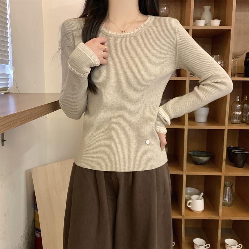 Long-Sleeve Round Neck Lace Trim Slim Fit Knit Top Product Image
