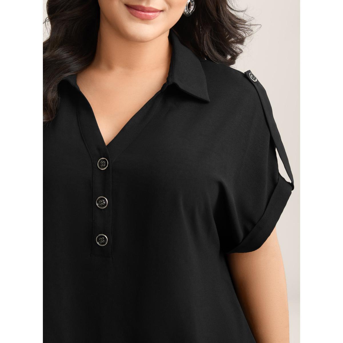 Plus Size Black Button Placket Tab Sleeve Blouse Women Short sleeve Shirt collar Work Blouses BloomChic 14-16/1X Product Image