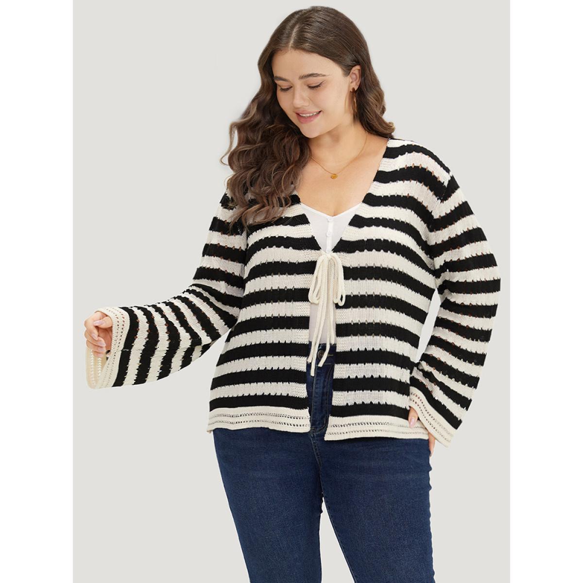 Plus Size Striped Ties Front Eyelet Lace Cardigan Black Women Casual Loose Long Sleeve Dailywear Cardigans BloomChic 12/L Product Image