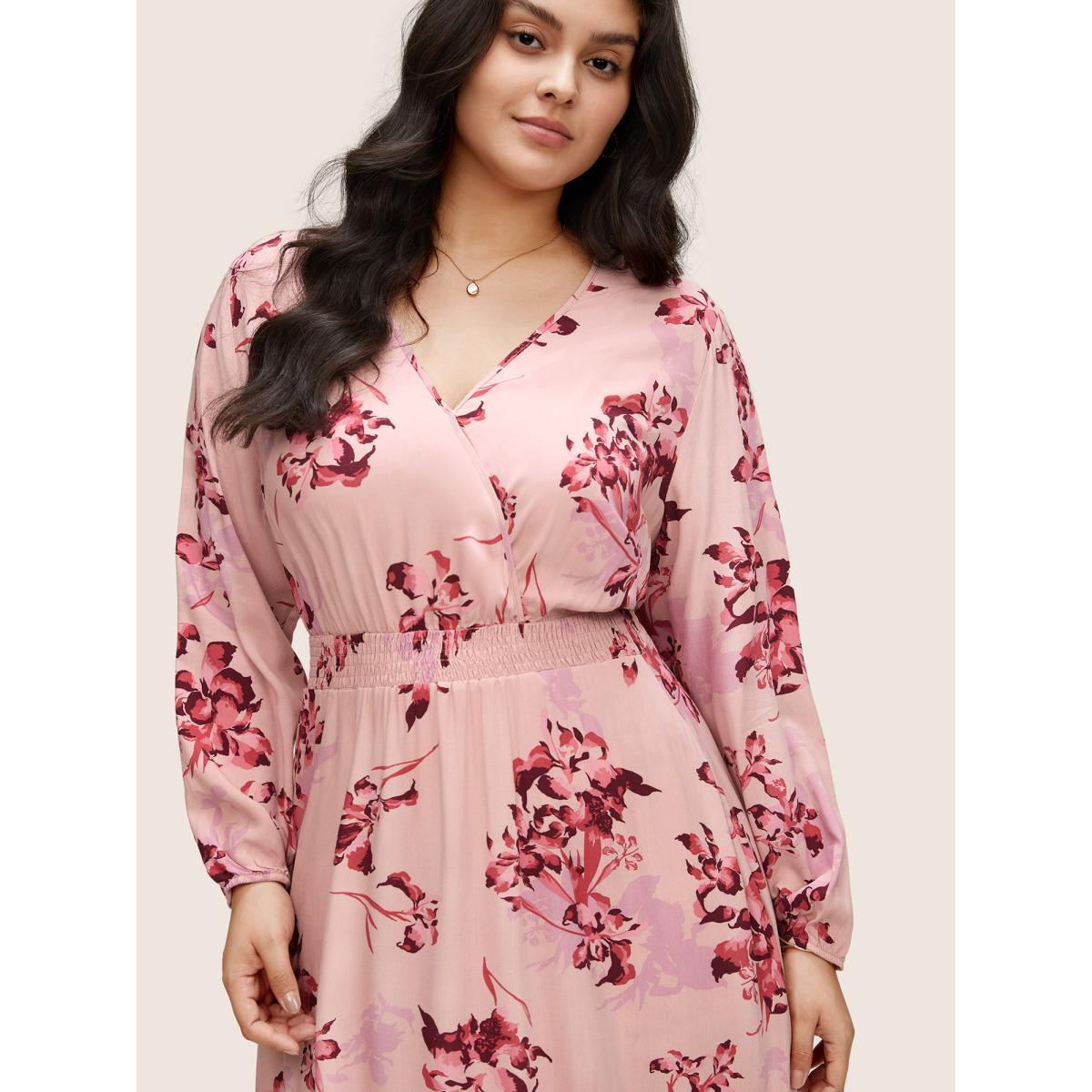 Plus Size Floral Print Surplice Neck Ruffle Layered Hem Dress Pink Women Elegant Non Overlap Collar Long Sleeve Curvy Midi Dress BloomChic 12/L Product Image