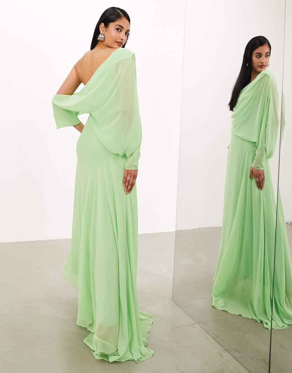 ASOS EDITION chiffon draped off shoulder maxi dress with full skirt Product Image
