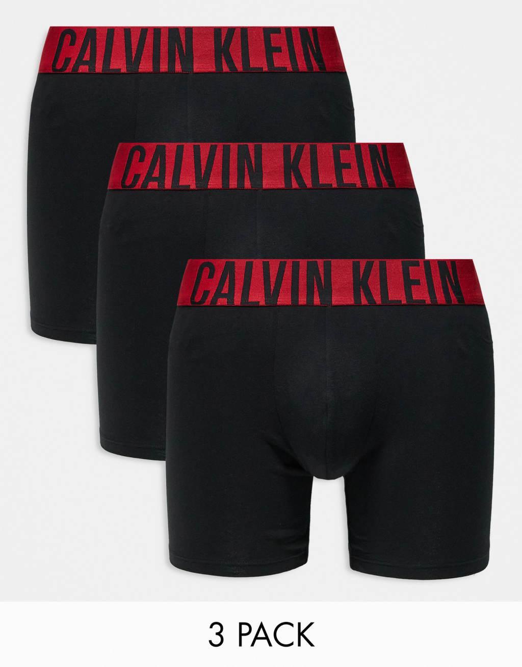 Calvin Klein Intense Power 3 pack boxer briefs with red logo waistband in black Product Image