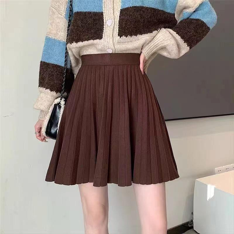 High Rise Plain Pleated Knit Mini A-Line Skirt Product Image