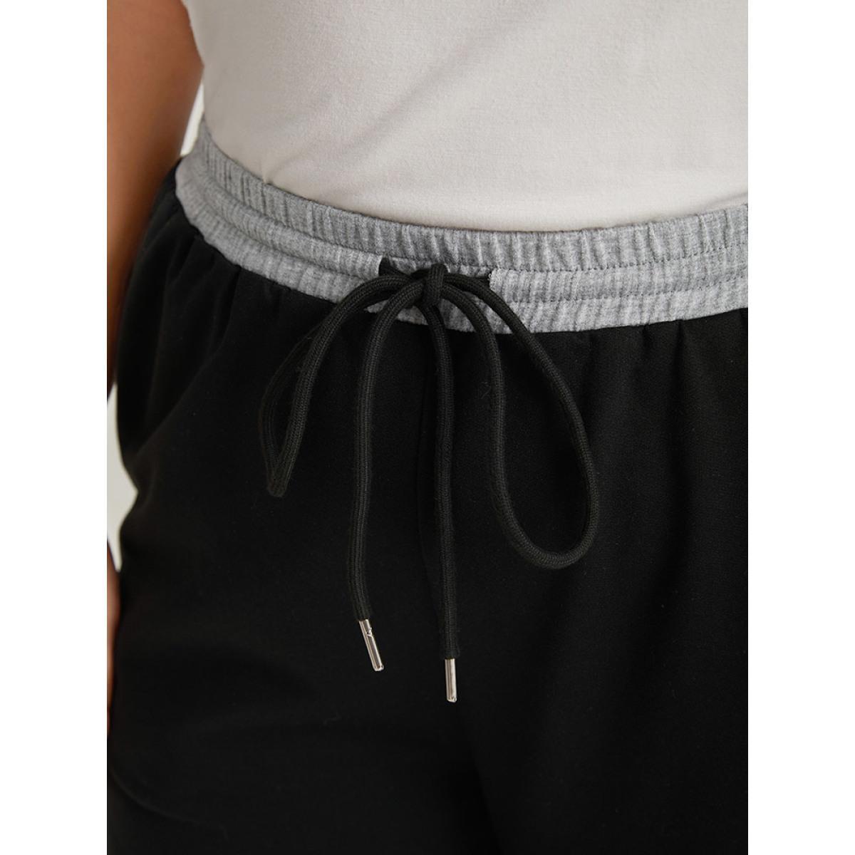 Plus Size Contrast Patchwork Drawstring Straight Leg Pants Women Black Casual High Rise Dailywear Pants BloomChic 18-20/2X Product Image