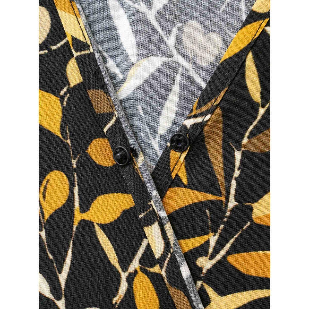 Plus Size Plants Print Overlap Collar Midi Dress Black Women Elegant Belted Overlap Collar Elbow-length sleeve Curvy BloomChic 14-16/1X Product Image