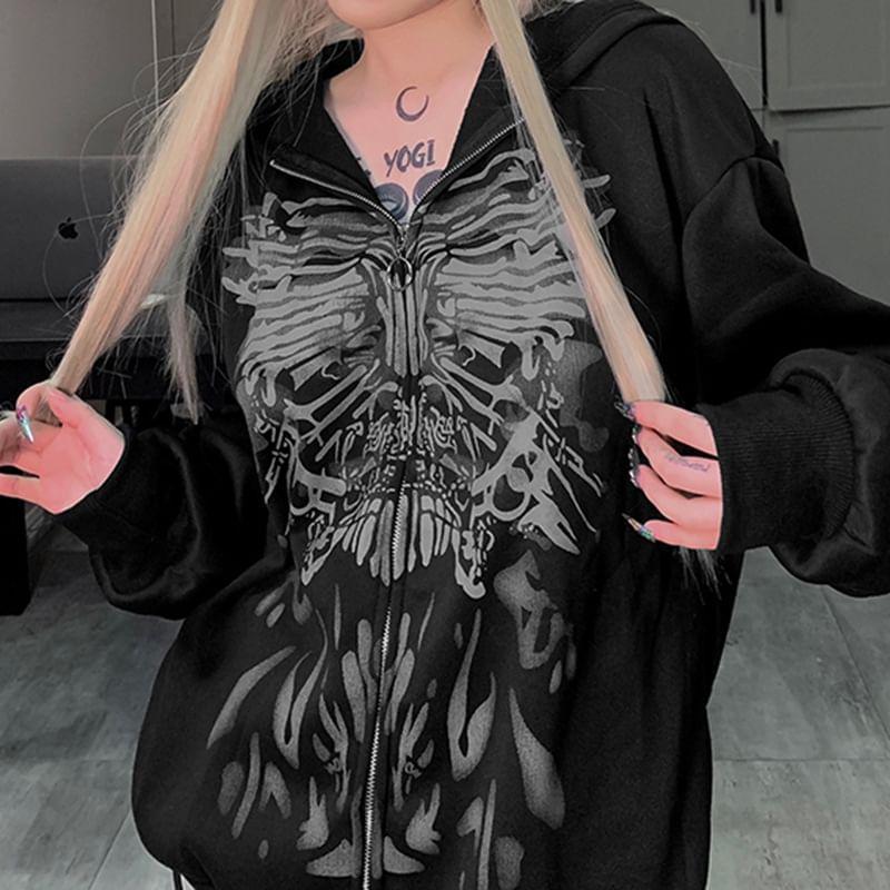 Oversized Butterfly Print Zip-Up Hoodie Product Image