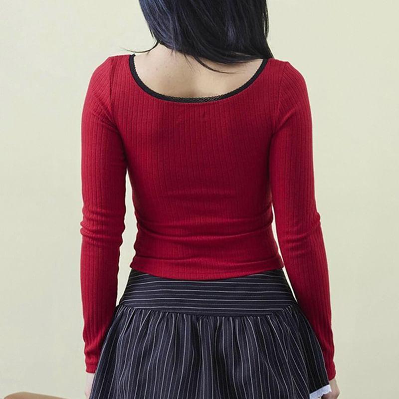 Long Sleeve Lace-Trim Bow Print Ribbed-Knit Slim-Fit Crop Top Product Image