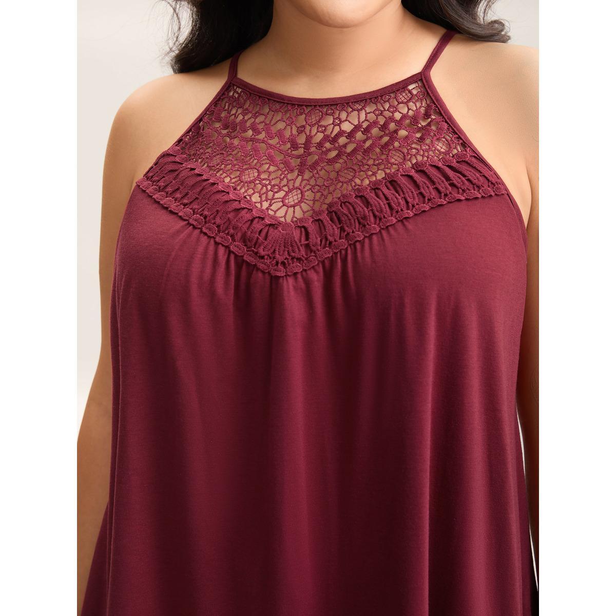 Plus Size Lace Cut-Out Pleated Tank Top Women Deepred Woven ribbon&lace trim Halter neck Everyday-Casual Tank Tops Camis BloomChic 12/L Product Image