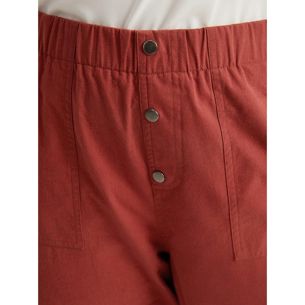 Plus Size Plain Button Up Pocket Straight High Rise Leg Pants Women Russet Casual Straight Leg High Rise Everyday Pants BloomChic 10/M Product Image
