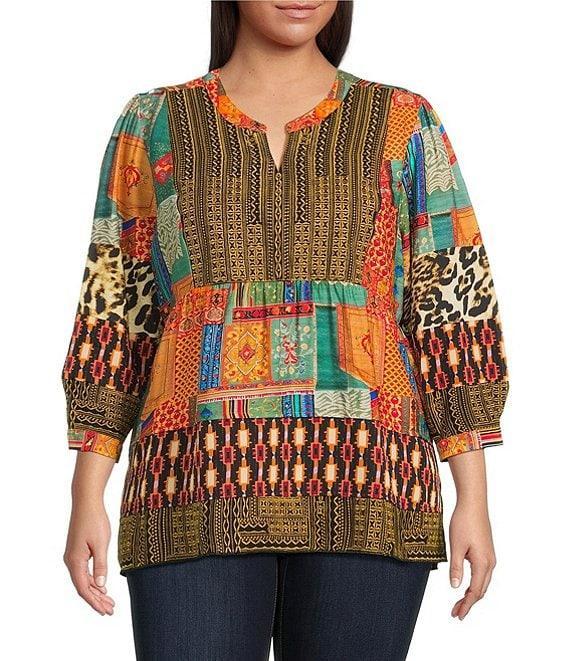 Calessa Plus Size Embroidered Patchwork Split V-Neck 3/4 Sleeve Tunic Product Image