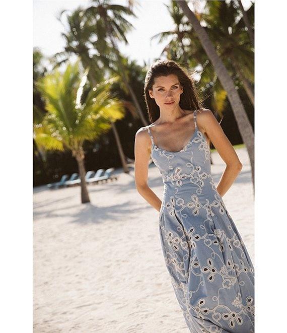 CeCe Woven V-Neck Sleeveless Embroidered Maxi A-Line Dress Product Image