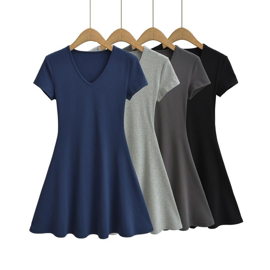 Short Sleeve V-Neck Plain Mini A-Line Dress Product Image
