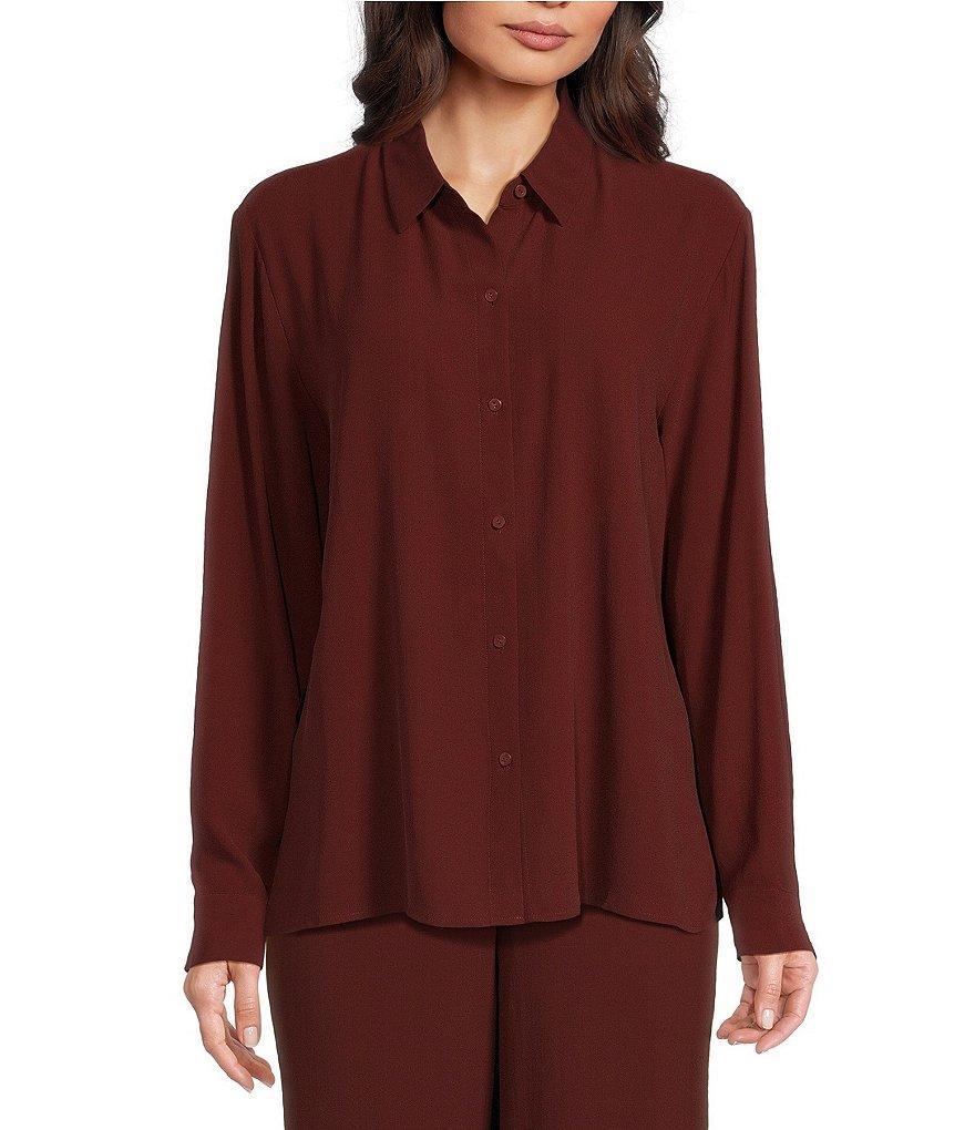 Eileen Fisher Silk Georgette Crepe Point Collar Long Sleeve Button Front Classic Shirt Product Image