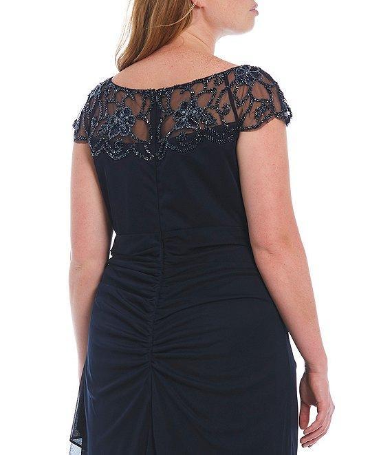 Xscape Plus Size Beaded Cap Sleeve Illusion Crew Neck Ruched Gown Product Image
