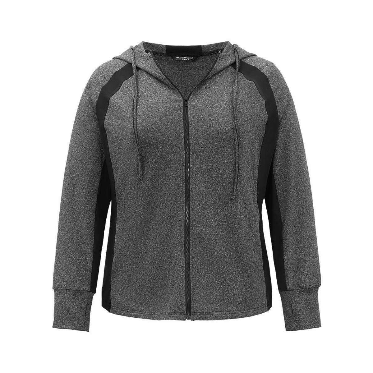 Plus Size Contrast Drawstring Zipper Hooded Jacket Women DimGray Contrast Pocket Dailywear Jackets BloomChic 10/M Product Image