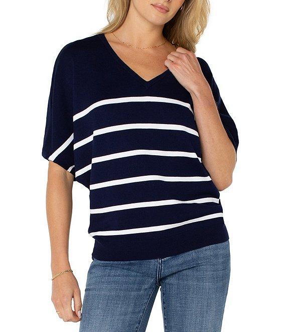 Liverpool Los Angeles Horizontal Stripe V-Neck Dolman Short Sleeve Sweater Product Image