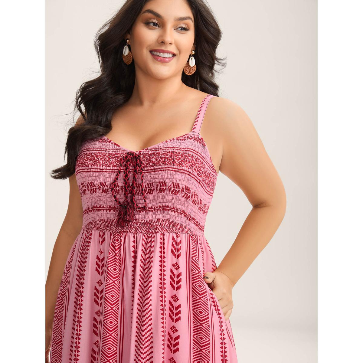 Plus Size Boho Stripes Shirred Tassel Midi Dress Rosered Women Square Neck Sleeveless Curvy BloomChic 14-16/1X Product Image