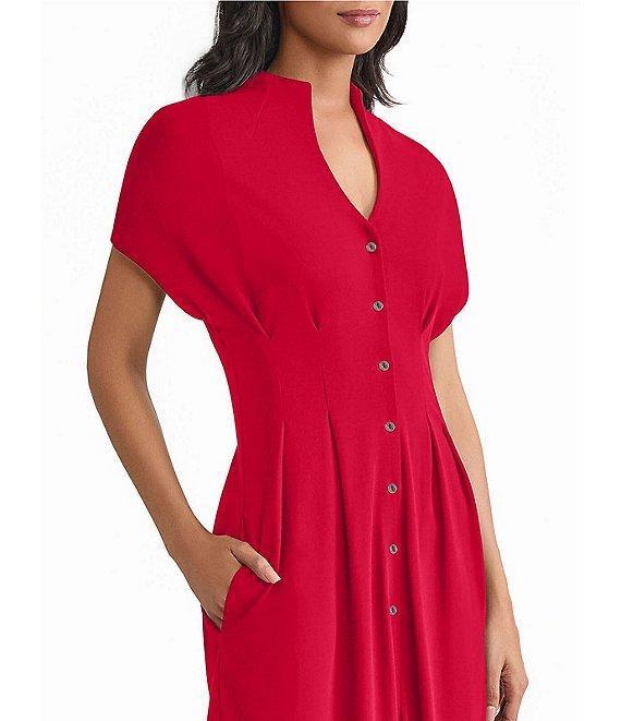 MISOOK Stand Collar V-Neck Short Dolman Sleeve Button Front Midi Shirt Dress Product Image