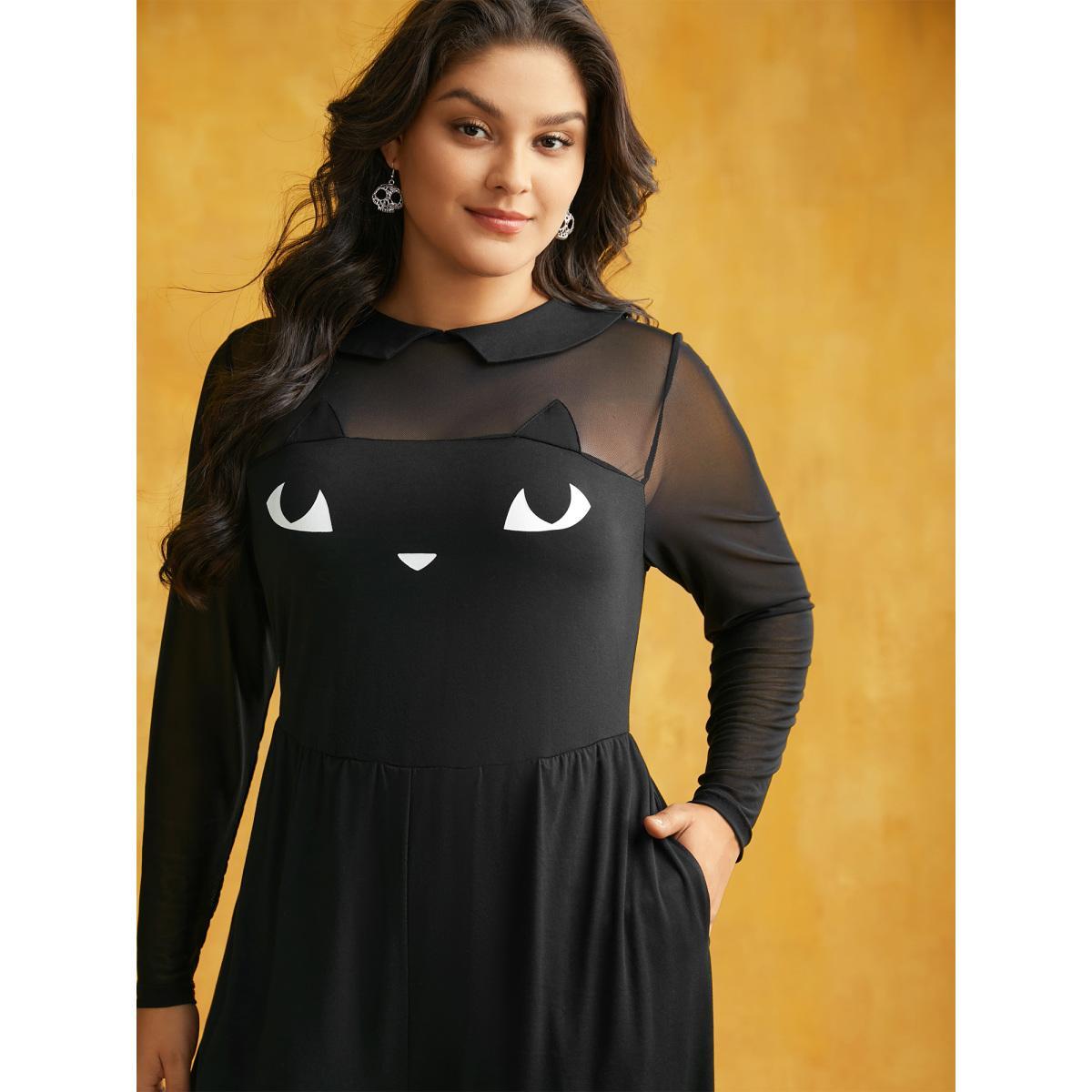 Plus Size Scarlet Stretch Fabric Spooky Cat Jumpsuit Women Cocktail Long Sleeve Round Neck Party Loose Jumpsuits BloomChic 22-24/3X Product Image