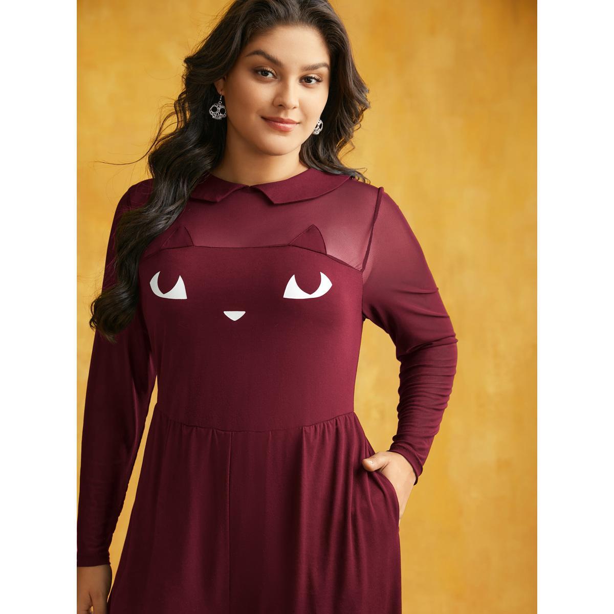 Plus Size Scarlet Stretch Fabric Spooky Cat Jumpsuit Women Cocktail Long Sleeve Round Neck Party Loose Jumpsuits BloomChic 22-24/3X Product Image