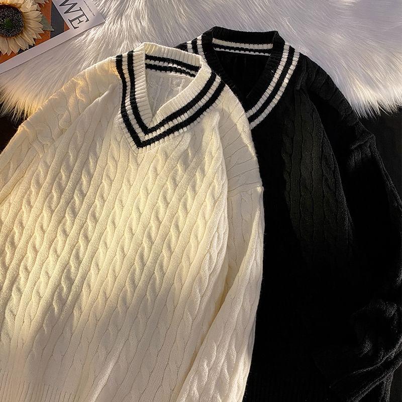 Contrast Trim V-Neck Oversized Cable Knit Sweater Product Image