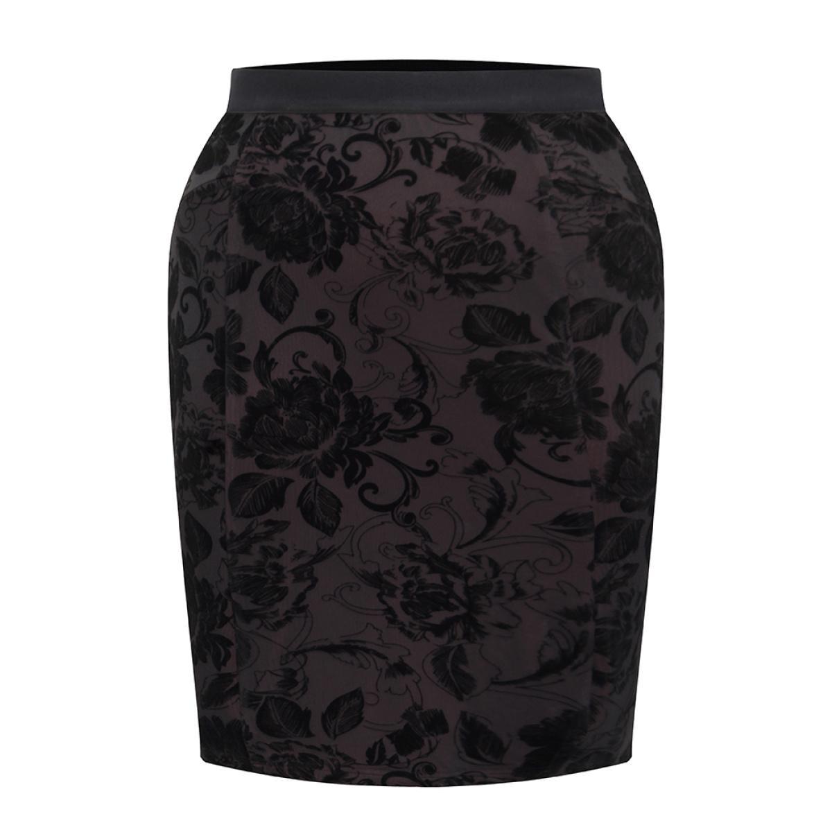 Plus Size Flocking Silhouette Floral Print Bodycon Skirt Women Scarlet Elegant Velvet Bodycon Medium stretch Dailywear Skirts BloomChic 10/M Product Image