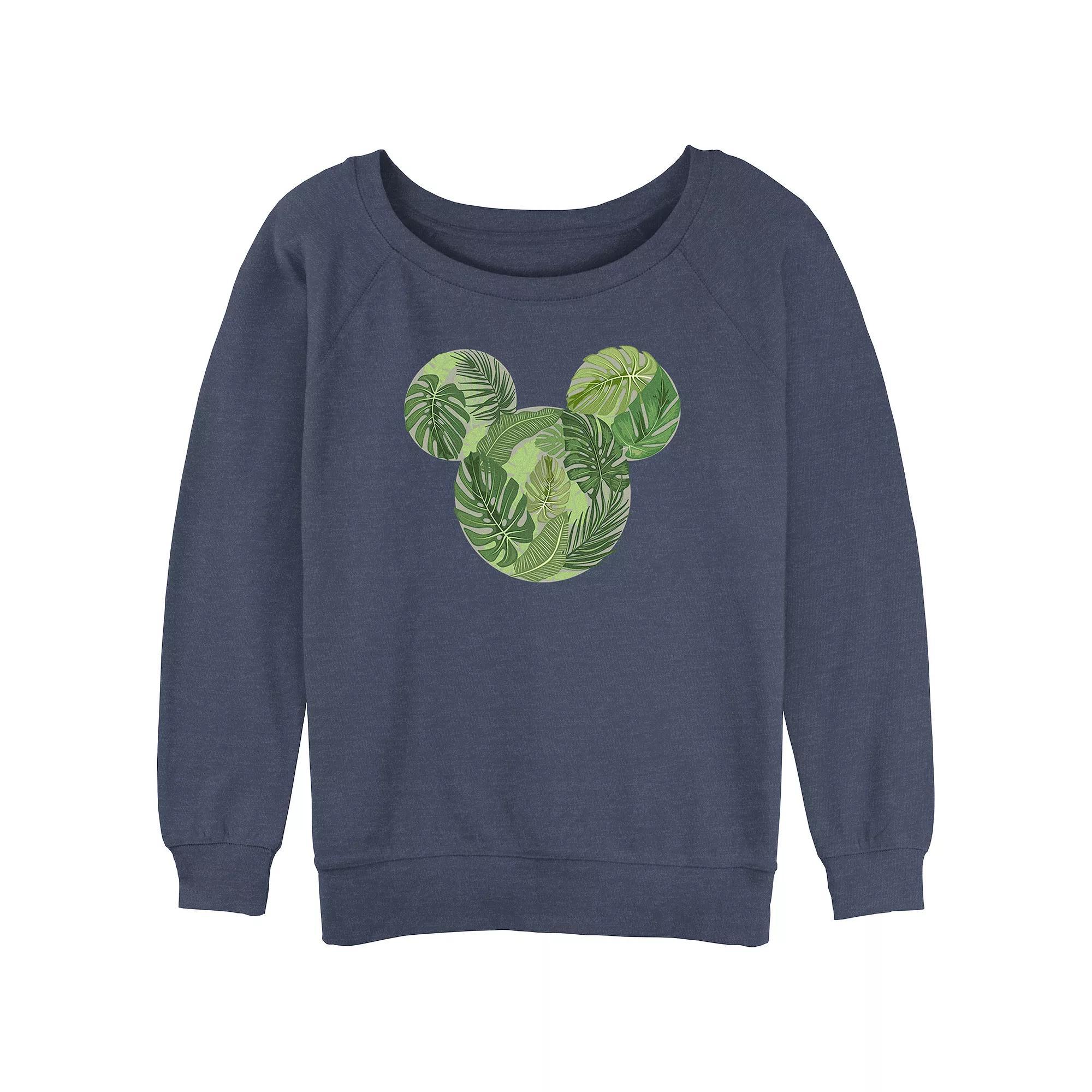 Disneys Mickey Mouse Tropical Leaves Head Juniors Graphic Slouchy Terry, Womens Blue Grey Product Image