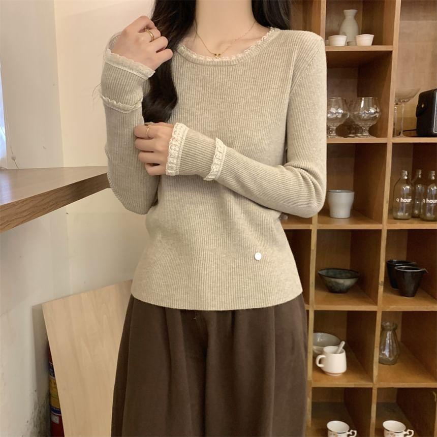 Long-Sleeve Round Neck Lace Trim Slim Fit Knit Top Product Image