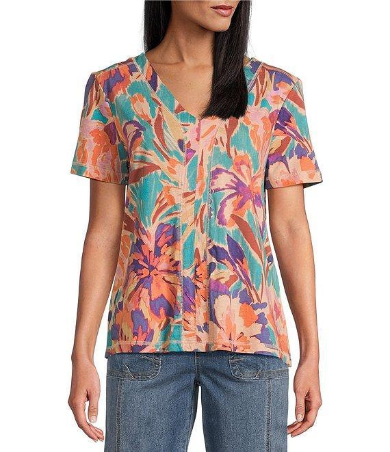 Westbound Brushstroke Blossom Floral Short Sleeve V-Neck Top Product Image