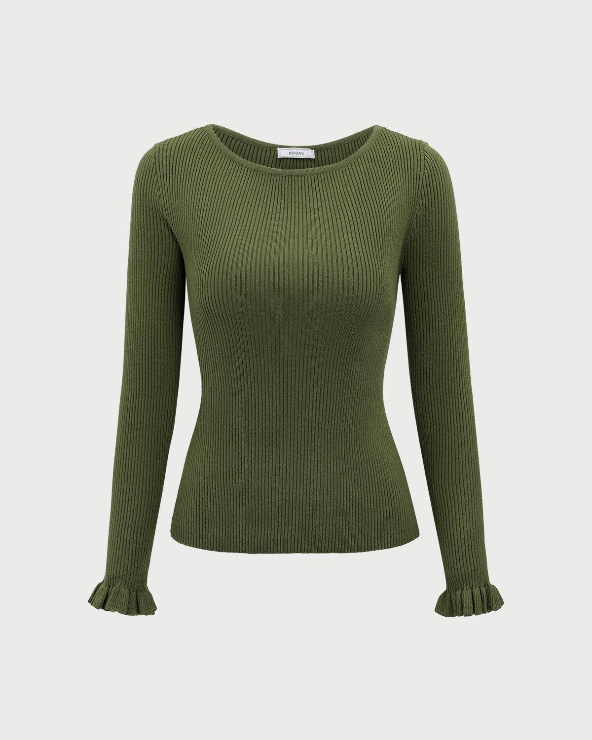Green Boat Neck Ruffle Slim Tee Product Image