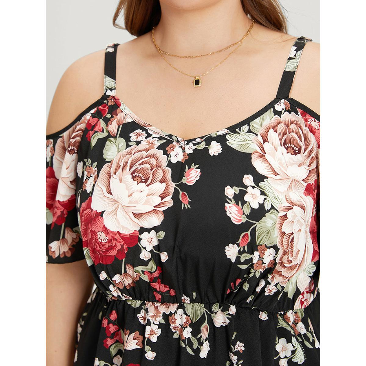 Plus Size Floral Print Pocket Asymmetrical Hem Cold Shoulder Dress Black Women Elegant Elastic Waist Cold Shoulder Short sleeve Curvy Midi Dress BloomChic 30/6X Product Image